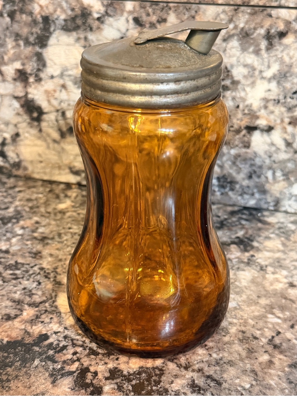 Vintage Amber Glass Sugar Dispenser with Metal Flip-Top Lid